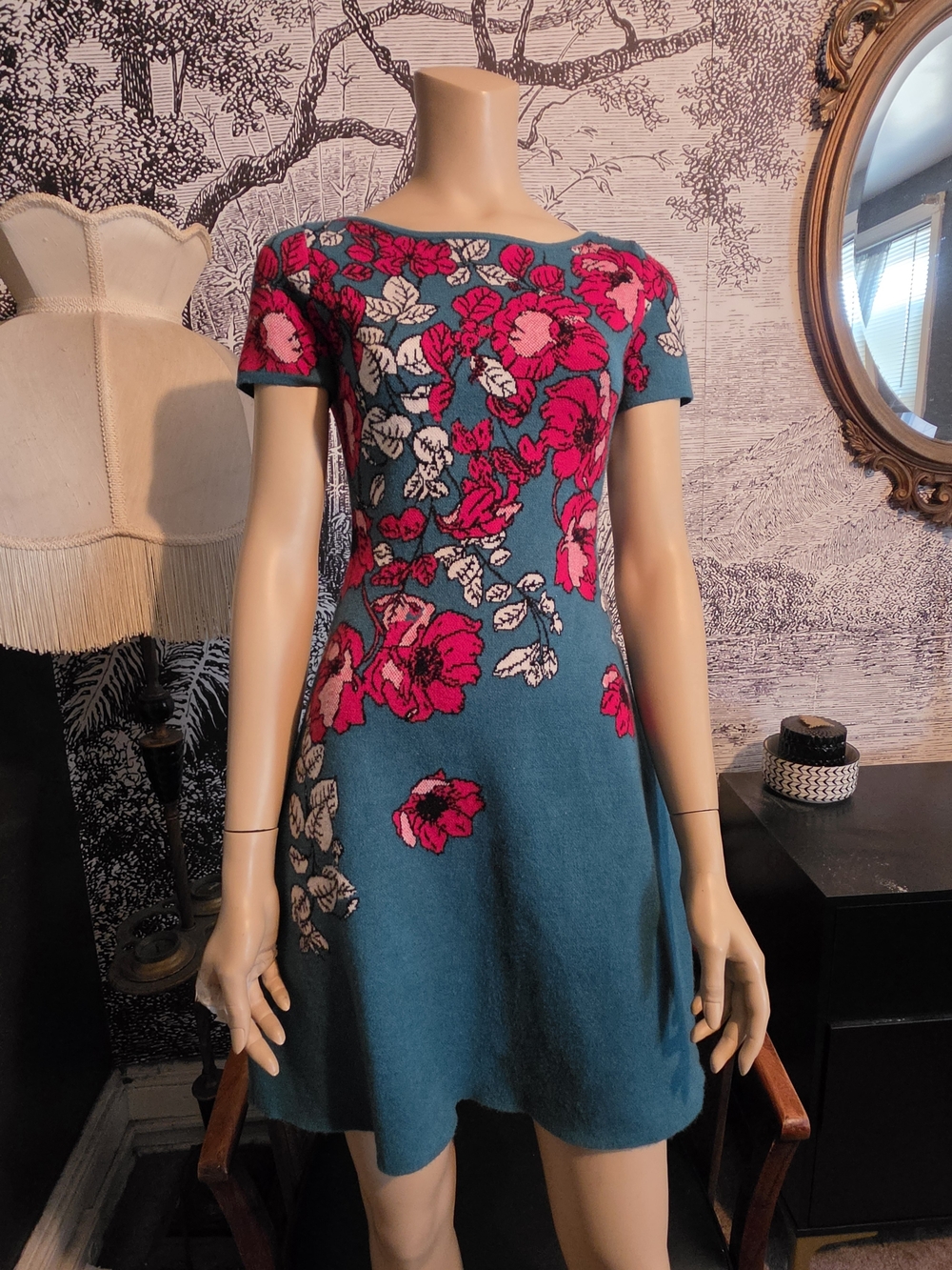 NWOT Anthropologie Maeve Allison Floral Knit Sweater Dress Teal / Pink Size XS